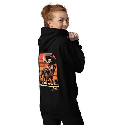 EL SOL black hoodie by Auto Beats model showing rear print
