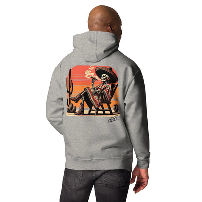 EL SOL Hoodie carbon gray, model showing back artwork