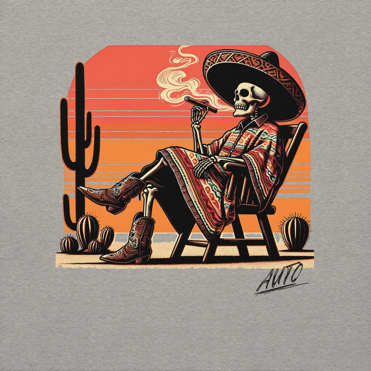 Close up of EL SOL artwork on carbon gray hoodie