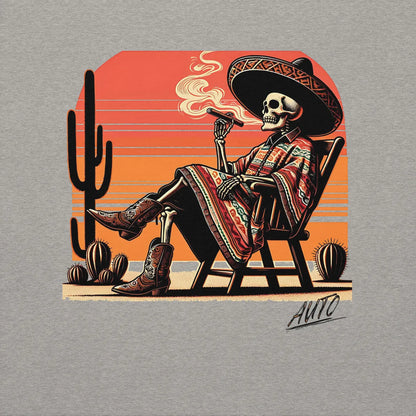 Close up of EL SOL artwork on carbon gray hoodie