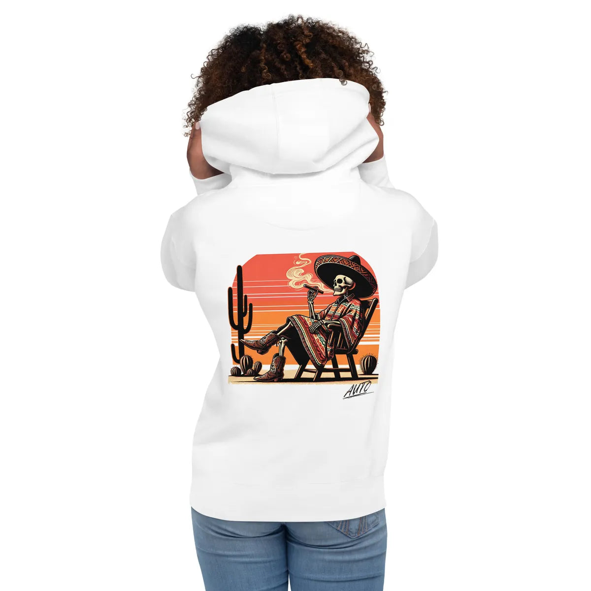 EL SOL Hoodie white on model, rear artwork print visible