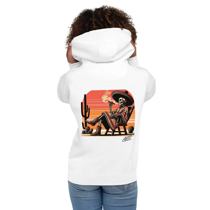 EL SOL Hoodie white on model, rear artwork print visible