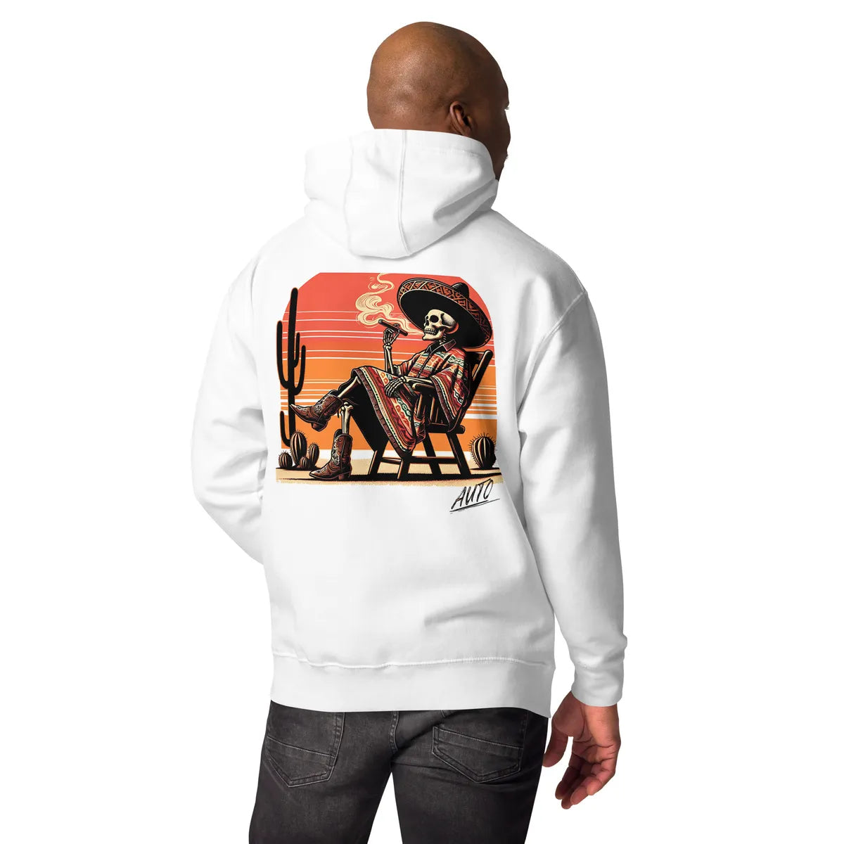 White EL SOL Hoodie, model showing back artwork