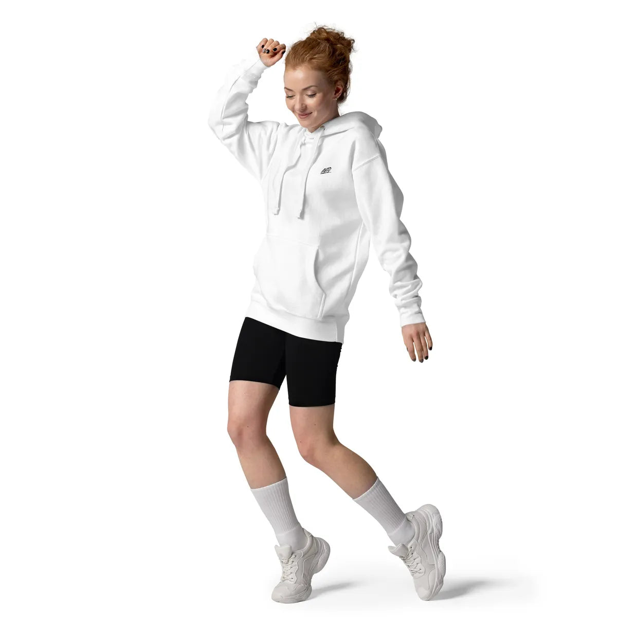 White EL SOL Hoodie, on model walking front design