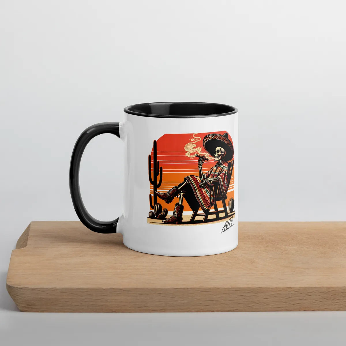 Black EL SOL Mug, close up side view on wood surface