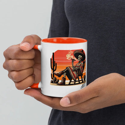 EL SOL Mug white and orange, held in hand side view