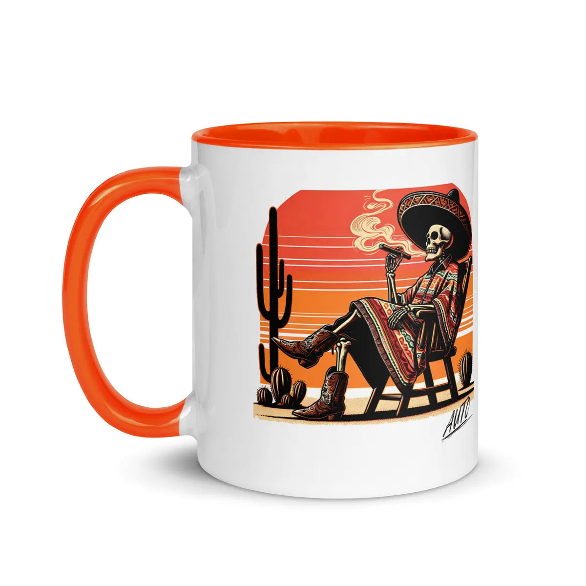 White EL SOL Mug with orange interior, side view