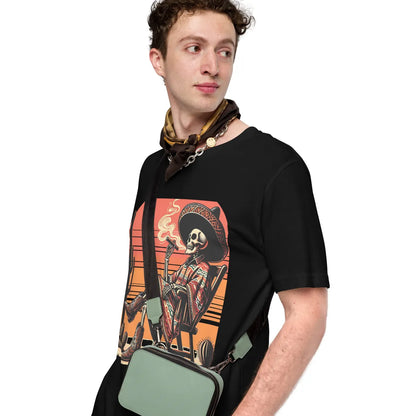 Black EL SOL T-shirt, left side view on model