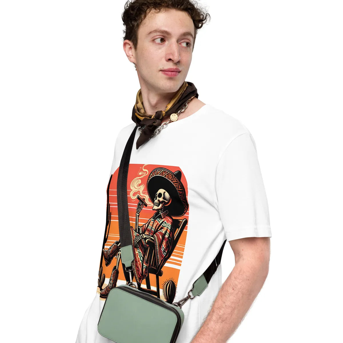 White EL SOL T-shirt, left side view on model